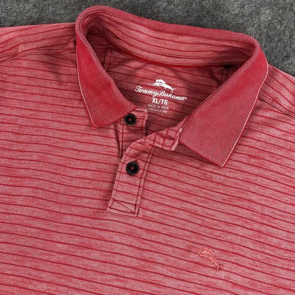 Tommy Bahama Mens Polo Shirt XL Red Heather Striped Short Sleeve Logo Stretch - Picture 1 of 12